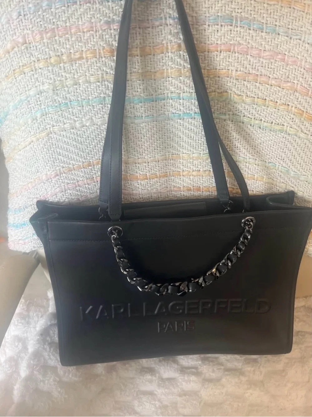 Karl Lagerfeld Black Logo-Embossed Chain Tote